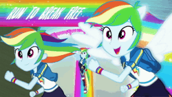Size: 1920x1080 | Tagged: safe, edit, edited screencap, editor:itsmgh1203, screencap, rainbow dash, human, equestria girls, equestria girls series, g4, run to break free, spoiler:eqg series (season 2), backpack, clothes, cutie mark on clothes, female, geode of super speed, hoodie, jewelry, magical geodes, necklace, open mouth, open smile, ponied up, rainbow, rainbow trail, shoes, singing, smiling, sneakers, solo, sound, sound only, spread wings, webm, wings