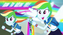 Size: 3416x1920 | Tagged: safe, edit, edited screencap, editor:itsmgh1203, screencap, rainbow dash, human, equestria girls, equestria girls series, g4, run to break free, spoiler:eqg series (season 2), backpack, clothes, cutie mark on clothes, female, geode of super speed, hoodie, jewelry, magical geodes, necklace, open mouth, open smile, ponied up, rainbow, rainbow trail, shoes, smiling, sneakers, solo, spread wings, wings