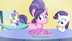 Size: 1280x720 | Tagged: safe, artist:mlplary6, cookie crumbles, rarity, sweetie belle, pony, unicorn, g4, baby, baby belle, baby sweetie belle, belle sisters, cookie, cute, eating, female, filly, filly rarity, foal, food, mare, mother and child, mother and daughter, siblings, sisters, smiling, younger