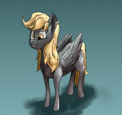 Size: 1652x1552 | Tagged: safe, artist:ceugenese, derpy hooves, pegasus, pony, g4, blue background, cute, female, gray coat, mare, simple background, smiling, solo, wings, yellow eyes, yellow hair