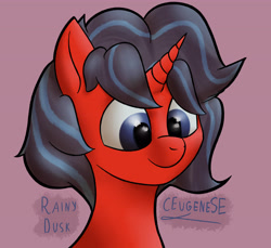 Size: 5552x5080 | Tagged: safe, oc, oc only, oc:rainy dusk, unicorn, blue eyes, bust, colt, foal, horn, male, pink background, portrait, red coat, signature, simple background, solo