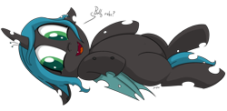 Size: 2147x1051 | Tagged: safe, artist:soccy, queen chrysalis, changeling, changeling queen, bellyrubs, cute, fangs, female, filly, floppy ears, foal, looking at you, lying down, simple background, solo, transparent background