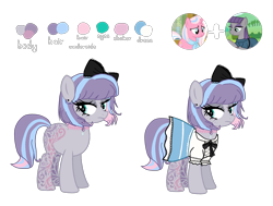 Size: 3464x2615 | Tagged: safe, artist:meimisuki, artist:vernorexia, clear sky, maud pie, oc, earth pony, pony, g4, base used, blue mane, bow, choker, clothed ponies, clothes, color palette, commission, crystal, dress, ear piercing, earring, eyeshadow, female, frilly dress, fusion, goth, gothic, gothic lolita, gray coat, hair bow, high res, jewelry, lolita fashion, makeup, mare, markings, multicolored mane, necklace, piercing, pink mane, purple mane, reference sheet, simple background, transparent background