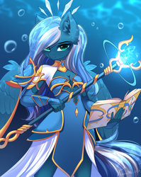 Size: 2931x3682 | Tagged: safe, artist:airiniblock, oc, oc only, oc:vivid tone, pegasus, anthro, rcf community, absolute cleavage, blue mane, book, breasts, bubble, cleavage, clothes, crepuscular rays, dress, ear fluff, feather, flowing tail, gauntlet, glowing, green eyes, hand, high res, jewelry, looking at you, ocean, pegasus oc, smiling, smiling at you, solo, spear, staff, sunlight, tail, underwater, water, weapon, wings