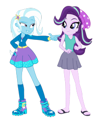 Size: 1254x1519 | Tagged: artist needed, safe, artist:marcorulezzz, edit, starlight glimmer, trixie, human, equestria girls, g4, barrette, beanie, boots, clothes, cutie mark on clothes, duo, duo female, feet, female, flip-flops, grin, hand on hip, hat, hoodie, jacket, miniskirt, pointing, pose, sandals, shoes, simple background, skirt, smiling, smirk, socks, stars, transparent background, vector