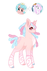 Size: 804x1206 | Tagged: safe, artist:cyrinthia, artist:vernorexia, cozy glow, fleur-de-lis, oc, pony, unicorn, g4, base used, body markings, brown eyes, coat markings, colored hooves, commission, curly mane, eyeshadow, female, fusion, gradient legs, makeup, mare, markings, red eyes, ringlets, simple background, solo, swirls, swirly markings, tall, transparent background, wingding eyes