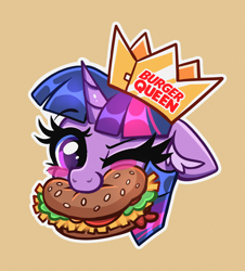 Size: 3120x3456 | Tagged: safe, artist:confetticakez, twilight sparkle, alicorn, pony, g4, blush sticker, blushing, burger, burger king, burger king crown, cute, eating, female, floppy ears, food, hay burger, herbivore, high res, mare, mouth hold, nom, one eye closed, parody, solo, that pony sure does love burgers, twiabetes, twilight burgkle, twilight sparkle (alicorn), wink