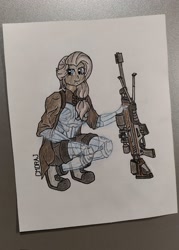Size: 1469x2048 | Tagged: safe, artist:yognaughtsteve, fluttershy, human, alternate hairstyle, armor, cloaked, gun, humanized, rifle, sniper rifle, solo, weapon