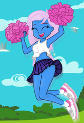 Size: 1313x1920 | Tagged: safe, artist:charliexe, artist:grapefruit-face, oc, oc:radiant rail, bird, human, seagull, equestria girls, g4, base used, cheerleader, cheerleader outfit, clothes, eyes closed, happy, jumping, midriff, motion blur, shoes, sneakers, socks, solo focus