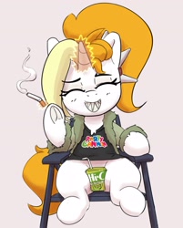 Size: 2249x2793 | Tagged: safe, artist:pabbley, oc, oc only, oc:dyx, alicorn, pony, chair, clothes, female, filly, foal, grin, high res, jacket, juice, juice box, magic, sitting, smiling, smoking, solo, strategically covered