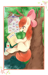 Size: 649x1003 | Tagged: dead source, safe, artist:jcancsn, apple bloom, earth pony, pony, g4, adorabloom, blushing, book, cute, eyelashes, female, filly, foal, happy, reading, solo