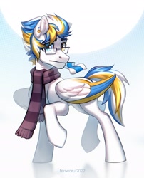 Size: 2000x2480 | Tagged: safe, artist:fenwaru, oc, oc only, oc:alan techard, pegasus, pony, abstract background, accessory, blue eyes, blue mane, clothes, colored wings, colored wingtips, flag, glasses, halftone effect, heterochromia, high res, male, mouth hold, ponified, raised leg, scarf, solo, stallion, standing, striped scarf, three toned mane, two toned mane, ukraine, white coat, white mane, white-blue-white flag, wings, yellow eyes, yellow mane
