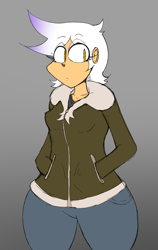 Size: 838x1326 | Tagged: safe, artist:coffeebanana, gilda, human, g4, bomber jacket, clothes, hand in pocket, humanized, jacket, looking at you, sketch, solo, white hair