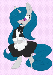 Size: 752x1063 | Tagged: safe, artist:scarlet-spectrum, part of a set, oc, oc only, oc:pillow art, pony, unicorn, abstract background, bipedal, blushing, clothes, commission, cute, dress, female, hair over one eye, horn, long mane, long tail, looking down, maid, mare, ocbetes, open mouth, signature, solo, surprised, surprised face, tail, unicorn oc, watermark, ych result