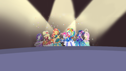 Size: 2560x1440 | Tagged: safe, screencap, applejack, fluttershy, pinkie pie, rainbow dash, rarity, sci-twi, sunset shimmer, twilight sparkle, human, equestria girls, g4, my little pony equestria girls: legend of everfree, confetti, female, humane five, humane seven, humane six, musical instrument, stage, stage light, the rainbooms, youtube banner