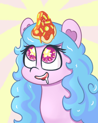 Size: 1536x1920 | Tagged: safe, artist:limitmj, izzy moonbow, pony, unicorn, g5, my little pony: make your mark, spoiler:my little pony: make your mark, drool, drool string, food, izzy impaling things, licking, licking lips, looking up, open mouth, pizza, saliva puddle, salivating, scene interpretation, starry eyes, tongue out, wingding eyes