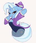 Size: 1000x1178 | Tagged: safe, artist:inkypuso, trixie, pony, unicorn, bipedal, clothes, coat, corset, female, fishnets, hat, magician outfit, mare, open mouth, simple background, solo, top hat, white background