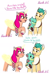 Size: 1385x2048 | Tagged: safe, artist:pearl_ag7777777, hitch trailblazer, sparky sparkeroni, sunny starscout, alicorn, dragon, earth pony, pony, g5, my little pony: make your mark, spoiler:my little pony: make your mark, 2 panel comic, artificial alicorn, artificial horn, artificial wings, augmented, baby, baby dragon, blushing, comic, female, male, mama sunny, mare, papa hitch, race swap, shipping, stallion, straight, sunnycorn, sunnyhitch, unshorn fetlocks, wings