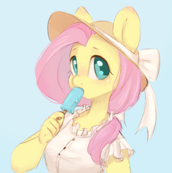 Size: 864x866 | Tagged: safe, artist:melodylibris, fluttershy, pegasus, anthro, g4, alternate hairstyle, clothes, colored pupils, cute, eating, eyebrows, eyebrows visible through hair, female, food, hat, light blue background, looking at you, mare, popsicle, shirt, shyabetes, simple background, solo, sun hat