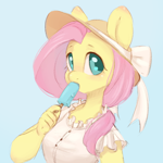 Size: 864x866 | Tagged: safe, artist:melodylibris, fluttershy, pegasus, anthro, alternate hairstyle, blue background, clothes, colored pupils, cute, eating, female, food, hat, looking at you, mare, popsicle, shirt, shyabetes, simple background, solo, sun hat
