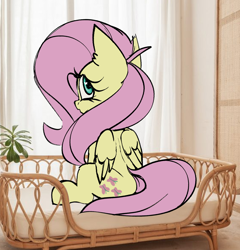 Size: 1204x1256 | Tagged: safe, artist:luxsimx, fluttershy, pegasus, pony, g4, cute, dog bed, shyabetes, sitting, solo, wingding eyes, wings