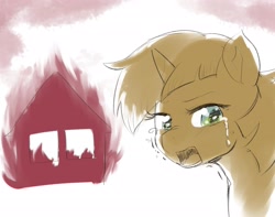 Size: 2644x2080 | Tagged: safe, artist:yajima, pony, unicorn, crying, female, fire, high res, horn, house, looking at you, mare, open mouth, solo, teary eyes