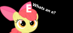 Size: 1350x629 | Tagged: safe, apple bloom, earth pony, pony, g4, black background, confused, e, female, low quality, sad, simple background, text, upscaled