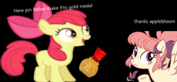 Size: 1350x629 | Tagged: safe, apple bloom, earth pony, pegasus, pony, g4, black background, female, gold medal, pinfether, simple background