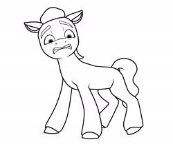 Size: 2405x2008 | Tagged: safe, artist:dancingkinfiend, derpibooru exclusive, sprout cloverleaf, earth pony, pony, g5, my little pony: a new generation, black and white, ears back, fear, frown, grayscale, gritted teeth, high res, lineart, looking down, male, monochrome, raised eyebrow, raised hoof, raised leg, scared, simple background, solo, stallion, tail, teeth, terrified, wavy hair, wavy mane, wavy tail