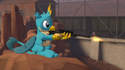 Size: 1920x1080 | Tagged: safe, artist:php170, gallus, griffon, g4, 3d, badwater, bullet, criatures fortress 2, crossover, fingers, gun, horn, male, onomatopoeia, optical sight, quadrupedal, rifle, shooting, sniper, sniper (tf2), sniper rifle, solo, sound effects, source filmmaker, team fortress 2, that griffon sure does love weapons, weapon, wings