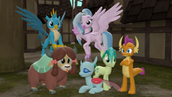 Size: 1920x1080 | Tagged: safe, artist:php170, gallus, ocellus, sandbar, silverstream, smolder, yona, changedling, changeling, classical hippogriff, dragon, earth pony, griffon, hippogriff, pony, yak, g4, 3d, :3, :p, alternate mane six, bow, bunny ears (gesture), claws, cloven hooves, colored hooves, crossed arms, cute, diaocelles, diastreamies, dragoness, female, flying, folded wings, gallabetes, group, group photo, hair bow, looking at you, male, mane six opening poses, monkey swings, paws, raised arm, sandabetes, scene interpretation, smiling, smiling at you, smolderbetes, source filmmaker, spread wings, stallion, standing, student six, tail, teenager, tongue out, wings, yonadorable