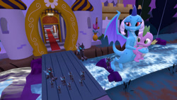 Size: 1280x720 | Tagged: safe, artist:php170, princess ember, spike, changeling, dragon, canterlot wedding 10th anniversary, a canterlot wedding, g4, 3d, alternate ending, canterlot, dragoness, escape, female, fleeing, flying, good end, holding, male, overprotective, protecting, source filmmaker