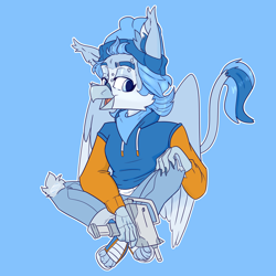 Size: 5000x5000 | Tagged: safe, artist:xasslash, oc, oc only, oc:flynn the icecold, bandana, beanie, blue background, clothes, gun, hat, hoodie, male, micro uzi, paw sneakers, piercing, simple background, solo, weapon