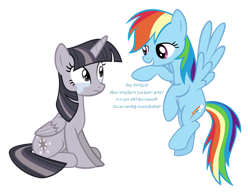 Size: 3840x3000 | Tagged: safe, artist:sollace, artist:wardex101, edit, rainbow dash, twilight sparkle, alicorn, pony, g4, testing testing 1-2-3, crying, discorded, discorded twilight, female, high res, mare, show accurate, simple background, text, transparent background, twilight sparkle (alicorn), twilight tragedy, vector