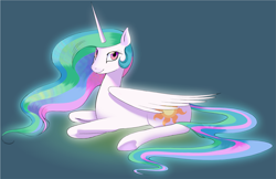 Size: 2087x1354 | Tagged: safe, artist:relighted, princess celestia, alicorn, pony, g4, blue background, female, flowing mane, full body, glowing, looking at you, lying down, mare, prone, simple background, smiling, smiling at you, solo