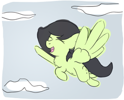 Size: 854x694 | Tagged: safe, artist:n', oc, oc only, oc:filly anon, pegasus, pony, cloud, eyes closed, female, filly, flying, happy, open mouth, open smile, pegasus oc, sky, smiling, solo, spread wings, wings