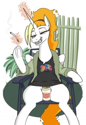 Size: 701x1014 | Tagged: safe, artist:jargon scott, oc, oc only, oc:dyx, alicorn, pony, alcohol, beer, beer can, cigarette, clothes, eyes closed, female, grin, levitation, magic, mare, older, older dyx, robe, sharp teeth, shirt, simple background, sitting, smiling, solo, strategically covered, teeth, telekinesis, underhoof, white background