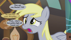 Size: 1920x1080 | Tagged: safe, edit, edited screencap, editor:korora, screencap, derpy hooves, pegasus, pony, g4, slice of life (episode), dialogue, doctor who, doctor whooves' lab, female, implied doctor whooves, mare, offscreen character, solo, speech bubble