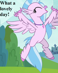 Size: 576x720 | Tagged: safe, edit, edited screencap, editor:korora, screencap, silverstream, hippogriff, g4, non-compete clause, season 8, cropped, cute, diastreamies, eyes closed, female, flying, jewelry, necklace, open mouth, open smile, smiling, solo, speech, spread wings, talking, text, wings