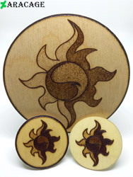Size: 3000x4000 | Tagged: safe, artist:aracage, sunset shimmer, badge, coaster, craft, cutie mark, irl, no pony, photo, pyrography, traditional art