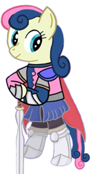 Size: 549x1009 | Tagged: safe, alternate version, artist:darlycatmake, bon bon, sweetie drops, earth pony, pony, g4, amused, armor, bipedal, bon bon is amused, cape, clothes, female, happy, knight, looking at someone, looking at something, looking back, mare, missing hat, royal guard, simple background, skirt, smiling, solo, sword, transparent background, weapon