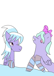 Size: 2894x4093 | Tagged: safe, artist:icicle-wicicle-1517, artist:spacialcrash, color edit, edit, cloudchaser, flitter, pegasus, pony, bow, clothes, collaboration, colored, duo, female, grin, hair bow, mare, siblings, simple background, sisters, smiling, socks, striped socks, table, transparent background, twins