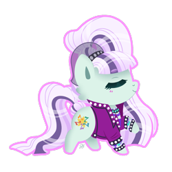 Size: 2569x2564 | Tagged: safe, artist:flyingsosser, coloratura, earth pony, pony, chibi, clothes, countess coloratura, eyes closed, female, high res, jacket, mare, outline, pink outline, raised hoof, signature, simple background, smiling, solo, studded bracelet, transparent background