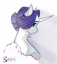 Size: 2022x2300 | Tagged: safe, artist:silentwulv, rarity, unicorn, anthro, g4, alternate hairstyle, breasts, bust, busty rarity, curved horn, eyeshadow, female, frown, fur boa, hair bun, high res, horn, makeup, profile, shoulderless, signature, simple background, solo, white background