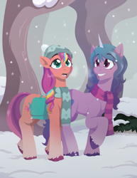 Size: 1530x1980 | Tagged: safe, artist:willoillo, izzy moonbow, sunny starscout, earth pony, pony, unicorn, g5, bag, clothes, female, forest, hat, mare, open mouth, saddle bag, scarf, smiling, snow, snowfall, striped scarf, unshorn fetlocks, winter hat