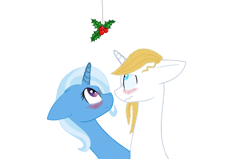 Size: 1024x652 | Tagged: safe, artist:cahansentoth, artist:decokenite, prince blueblood, trixie, pony, unicorn, g4, blushing, female, holly, holly mistaken for mistletoe, looking up, male, mare, ship:bluetrix, shipping, simple background, stallion, straight, wavy mouth, white background