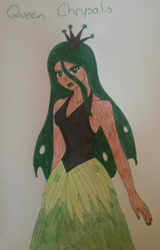Size: 742x1156 | Tagged: safe, artist:glaceonfrozen, queen chrysalis, human, g4, female, humanized, looking at you, solo, traditional art