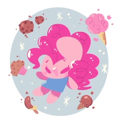 Size: 584x601 | Tagged: safe, artist:typhwosion, pinkie pie, earth pony, semi-anthro, g4, arm hooves, banana, chibi, chocolate-covered banana, cookie, cotton candy, female, food, ice cream, muffin, open mouth, smiling, solo