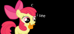 Size: 1350x629 | Tagged: safe, apple bloom, earth pony, pony, g4, background pony strikes again, black background, c, female, lowres, simple background, thinking