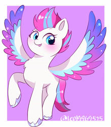 Size: 2444x2788 | Tagged: safe, artist:leo19969525, zipp storm, pegasus, pony, g5, adorazipp, blue eyes, blushing, cute, female, hair, high res, looking at you, mare, pink background, simple background, solo, spread wings, tail, wings